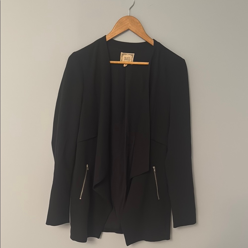 Black Swan Black Open-Front Draped Blazer with Zip Pockets